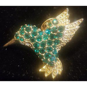 Beautiful Hummingbird Brooch Green And Clear Rhinestones Gold Tone Bird Pin 1"